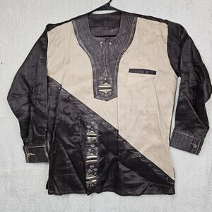 Dashiki Mens Top African Linen Multicolor Embroidered  Longsleeve Cuff Link